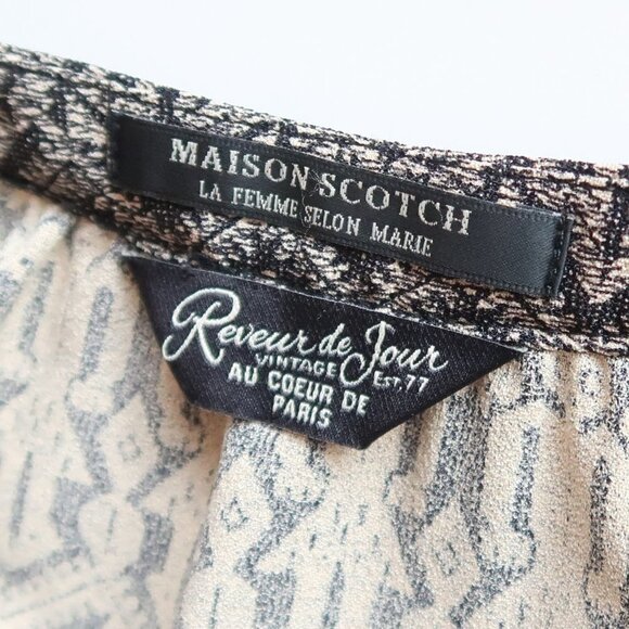 Maison Scotch Black & Cream Print Scoop Neck 3/4 Sleeve Drawstring Mini Dress 8 - Picture 8 of 13